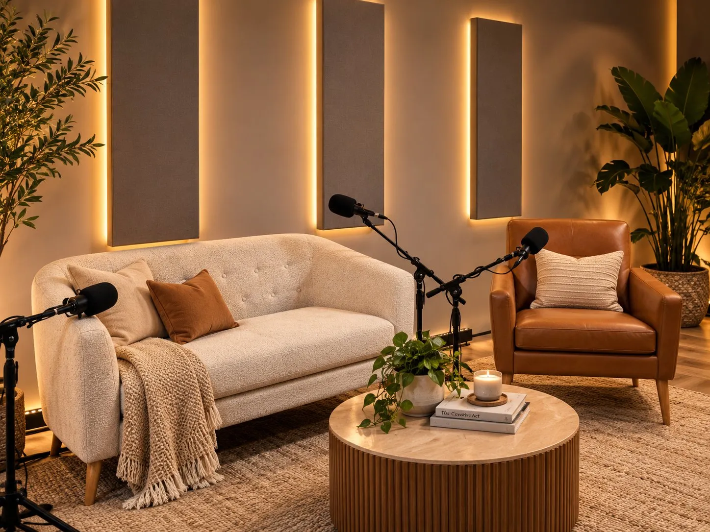 Podcast lounge at Solauri Studios with a sofa, armchairs, and a television showing a sunset